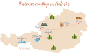 Carte d'un itinéraire road trip en Autriche, montrant Innsbruck, Zell am See, Salzbourg, Hallstatt, Melk et Vienne.
