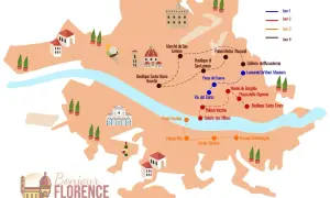 Carte stylisée de Florence, présentant un itinéraire touristique avec des points d'intérêt comme le Ponte Vecchio et le Duomo.