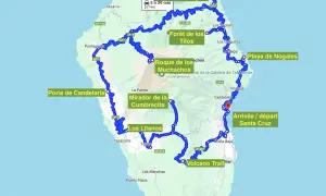 Carte de la route des volcans sur La Palma, incluant Piscines La Fajana, Forêt de los Tilos, Roque de los Muchachos et le Volcano Trail.