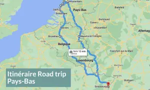 Carte d'un circuit en voiture à travers les Pays-Bas, la Belgique, le Luxembourg et l'Allemagne, avec un itinéraire de 1364 km.