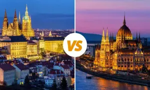 Comparaison entre Prague et Budapest : vues nocturnes de leurs édifices emblématiques illuminés, le château de Prague et le Parlement hongrois.