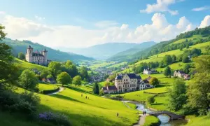 Un château majestueux domine la **vallée de Chevreuse**, bordée de collines verdoyantes et de maisons pittoresques. Un chemin serpente le long d'une rivière.