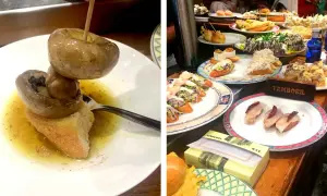 Tapas variées dans des restaurants de San Sebastián. Champignons marinés, crevettes et autres délices sur des assiettes colorées.