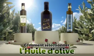 Trois bouteilles d'huile d'olive, dont une "Toscano", présentées par un producteur d'huile d'olive toscane.
