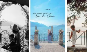 Un week-end au lac de Côme : une mère et son enfant profitent de la vue, une autre mère montre l'horizon, et un petit garçon découvre les fleurs.