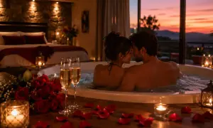 Un couple profite d'un jacuzzi romantique avec des roses et du champagne, un parfait weekend au soleil.
