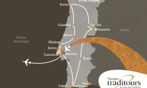 Carte d'un itinéraire de voyage au Portugal, montrant les villes et les routes.