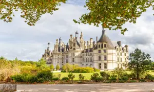 Magnifique château avec ses nombreuses tours et tourelles, entouré d'arbres aux couleurs d'automne. Un paysage de rêve.