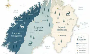 Carte des 3 Laponies : Norvège, Suède, Finlande. Idéal pour savoir où aller en Laponie, avec rennes et forêts.