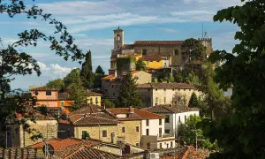 Vue panoramique de Montecatini Alto, avec ses toits de tuiles rouges et ses bâtiments anciens perchés sur une colline verdoyante.