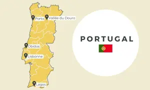 Carte du Portugal avec des points d'intérêt pour un road trip : Porto, Vallée du Douro, Obidos, Lisbonne et Lagos.