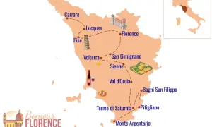 Carte de la Toscane avec des icônes : Pise, Florence, Sienne. Idéal pour planifier que faire à Sienne et explorer la région.
