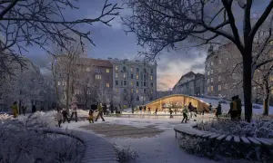 Une patinoire animée à Prague, sous un ciel crépusculaire, avec des familles profitant de la glace.