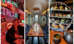 Une jeune femme devant des néons à Londres. Une table dressée dans un wagon de métro vintage. Un plateau de thé avec des pâtisseries et des sushis. Idées pour où manger à Londres.
