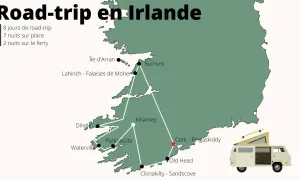 Carte de l'Irlande avec un itinéraire de road-trip et un van aménagé.