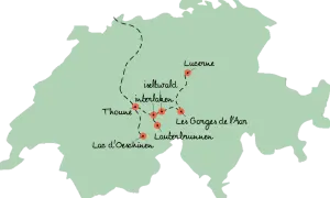 Carte de la Suisse montrant un itinéraire pour 10 jours en Suisse en camping-car, passant par Lucerne, Interlaken, Iseltwald, Thoune, Lac d'Oeschinen, Lauterbrunnen et les Gorges de l'Aar.
