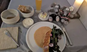 Un dîner romantique dans un restaurant de Copenhague pas cher. Deux souris en peluche observent un plat de poisson, des légumes et une mousse.