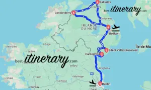 Carte d'un road trip en Irlande, de Dublin à Belfast, passant par Carlingford, Silent Valley Reservoir, Londonderry et Ballintoy.