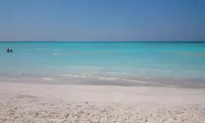 Plage de Rosignano Marittimo, mer turquoise et sable blanc. Deux personnes nagent paisiblement dans l'eau claire.