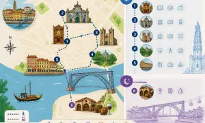 Carte d'un itinéraire pour un week-end à Porto, avec des monuments, un pont, des barils de vin et une rabelo sur le Douro.