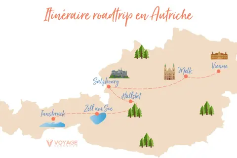Carte d'un itinéraire road trip en Autriche, montrant Innsbruck, Zell am See, Salzbourg, Hallstatt, Melk et Vienne.