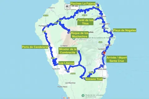Carte de la route des volcans sur La Palma, incluant Piscines La Fajana, Forêt de los Tilos, Roque de los Muchachos et le Volcano Trail.