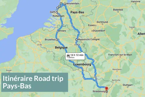 Carte d'un circuit en voiture à travers les Pays-Bas, la Belgique, le Luxembourg et l'Allemagne, avec un itinéraire de 1364 km.