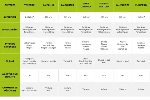 Tableau comparatif pour savoir que visiter aux Canaries : Tenerife, La Palma, La Gomera, Gran Canaria, Fuerteventura, Lanzarote, El Hierro.