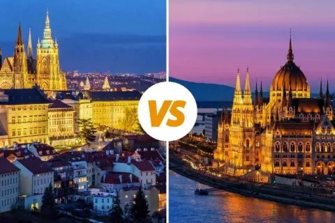 Comparaison entre Prague et Budapest : vues nocturnes de leurs édifices emblématiques illuminés, le château de Prague et le Parlement hongrois.