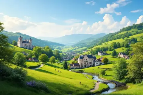Un château majestueux domine la **vallée de Chevreuse**, bordée de collines verdoyantes et de maisons pittoresques. Un chemin serpente le long d'une rivière.