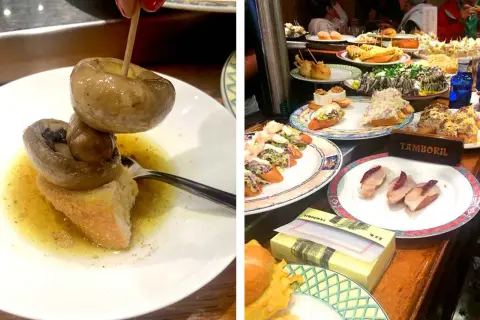 Tapas variées dans des restaurants de San Sebastián. Champignons marinés, crevettes et autres délices sur des assiettes colorées.