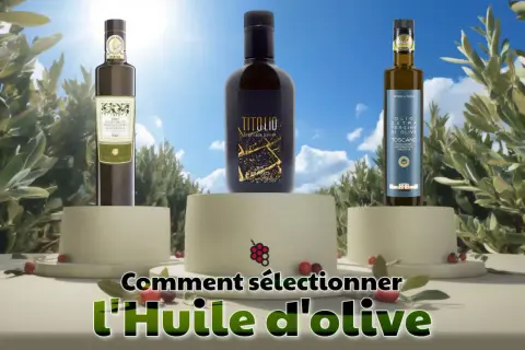 Trois bouteilles d'huile d'olive, dont une "Toscano", présentées par un producteur d'huile d'olive toscane.