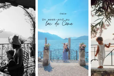 Un week-end au lac de Côme : une mère et son enfant profitent de la vue, une autre mère montre l'horizon, et un petit garçon découvre les fleurs.
