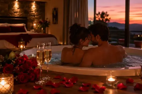 Un couple profite d'un jacuzzi romantique avec des roses et du champagne, un parfait weekend au soleil.