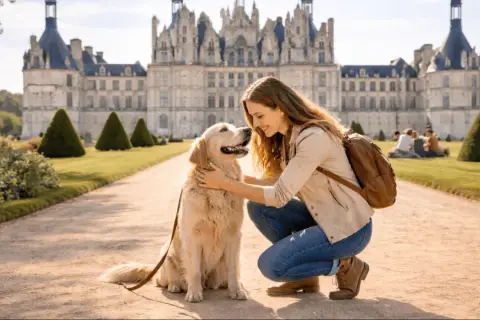 Une jeune femme câline son chien devant le majestueux château de Chambord. Un moment de complicité canine dans un décor historique.