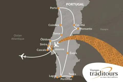 Carte d'un itinéraire de voyage au Portugal, montrant les villes et les routes.