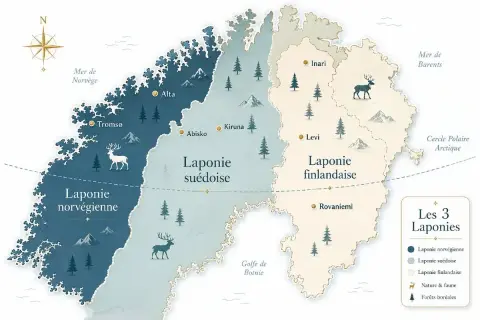 Carte des 3 Laponies : Norvège, Suède, Finlande. Idéal pour savoir où aller en Laponie, avec rennes et forêts.