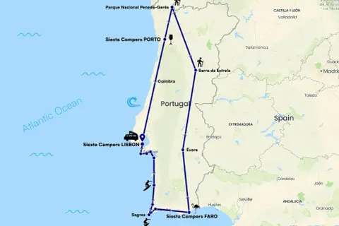 Carte d'un road trip Portugal 2 semaines : Porto, Lisbonne, Faro, Sagres, Serra da Estrela. Itinéraire en camping-car.