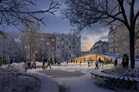 Une patinoire animée à Prague, sous un ciel crépusculaire, avec des familles profitant de la glace.
