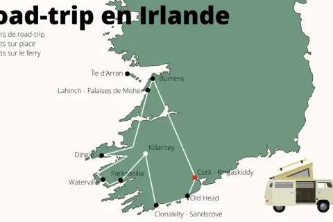 Carte de l'Irlande avec un itinéraire de road-trip et un van aménagé.