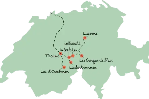 Carte de la Suisse montrant un itinéraire pour 10 jours en Suisse en camping-car, passant par Lucerne, Interlaken, Iseltwald, Thoune, Lac d'Oeschinen, Lauterbrunnen et les Gorges de l'Aar.