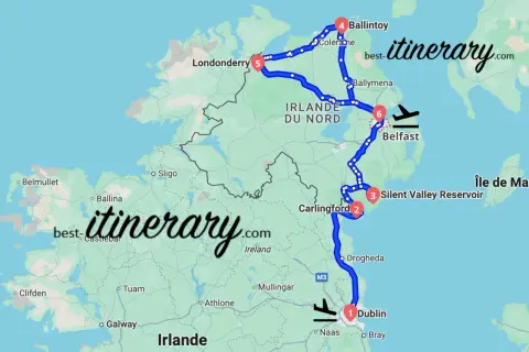 Carte d'un road trip en Irlande, de Dublin à Belfast, passant par Carlingford, Silent Valley Reservoir, Londonderry et Ballintoy.