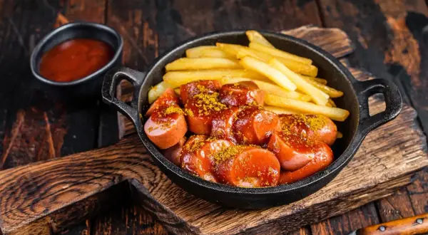 Currywurst et frites, un classique pour savoir où manger à Berlin. Servi dans une poêle en fonte avec une sauce tomate épicée et du curry en poudre.
