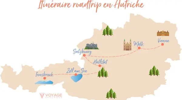 Carte d'un itinéraire road trip en Autriche, montrant Innsbruck, Zell am See, Salzbourg, Hallstatt, Melk et Vienne.