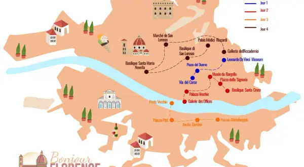Carte stylisée de Florence, présentant un itinéraire touristique avec des points d'intérêt comme le Ponte Vecchio et le Duomo.