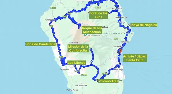 Carte de la route des volcans sur La Palma, incluant Piscines La Fajana, Forêt de los Tilos, Roque de los Muchachos et le Volcano Trail.