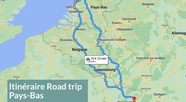 Carte d'un circuit en voiture à travers les Pays-Bas, la Belgique, le Luxembourg et l'Allemagne, avec un itinéraire de 1364 km.