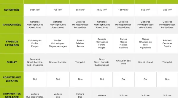 Tableau comparatif pour savoir que visiter aux Canaries : Tenerife, La Palma, La Gomera, Gran Canaria, Fuerteventura, Lanzarote, El Hierro.