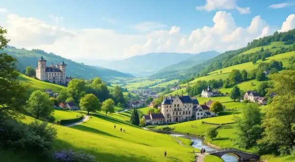 Un château majestueux domine la **vallée de Chevreuse**, bordée de collines verdoyantes et de maisons pittoresques. Un chemin serpente le long d'une rivière.
