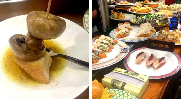 Tapas variées dans des restaurants de San Sebastián. Champignons marinés, crevettes et autres délices sur des assiettes colorées.